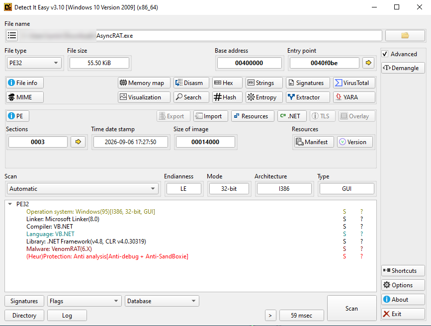 Detect It Easy file overview showing PE32, i386, .NET and signature information