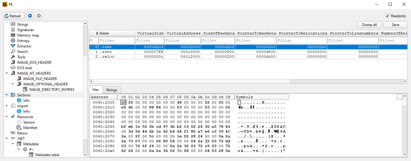 Detect It Easy PE section table